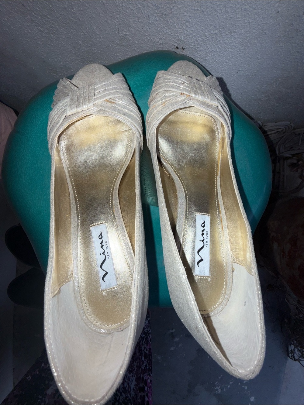 Nina Ivory/Gold Satin Peep-Toe Heels with Woven Bow